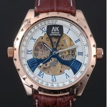 Ak-homme Mens Brown Leather Roman Number Automatic Mechanical Wrist Watch Ak207