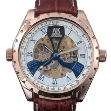 Ak-homme Unique Roman Numerals Dial Golden Case Mens Mechanical Watch