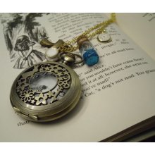 Alice In Wonderland Pocketwatch & Glass Vial Drink Me Potion Necklace - Working Pocket Watch And Hand Stamped Charm