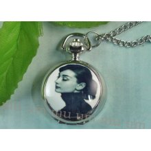 Antique Mini Pocket Watch Audrey Hepburn Locket Necklace Pendant Wp192