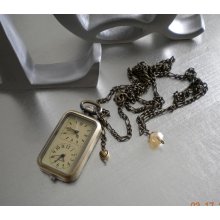 Anttiqued Bronze, Double Movement Pocket Watch Necklace, Downton Abbey, Rectangle Watch, Ex. Long Chain, Hand Wrapped Charms.