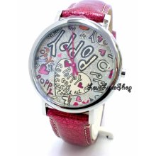 Authentic COACH Poppy Logo Graffiti Hot Pink Leather Watch Hearts Rare New w Box