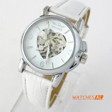 Automatic Mechanical Hollow Heart Skeleton White Dial Leather Women Wrist Watch