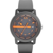 AX Armani Exchange Logo Bar Silicone Strap Watch, 44mm Grey/ Orange