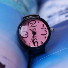 Best Gift Womens Ladies Pink Arabic Numberals Dial Black Ring Quartz Watch