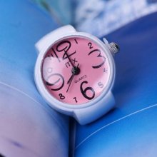 Best Gift Womens Ladies Pink Arabic Numberals Dial White Ring Quartz Watch