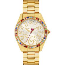 Betsey Johnson Multi Color Crystal Set Boyfriend Watch - Goldtone