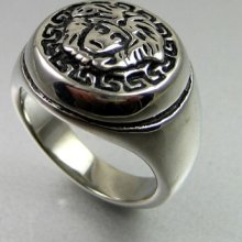 Biker Mens Black Silver Stainless Steel Gorgon Medusa Round Ring