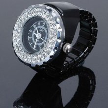 Black Mini Ring Watch Crystal Ladies Womens Girls Watch