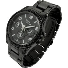 Blk Crystal Bezel Round Black Face & Link Band Cilpper Bracelet Watch