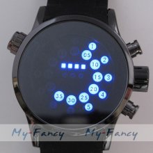 Blue Led Digital Watch Circle Magic Mirror Sport Boy's Girl's White Black P3