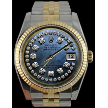 Blue string diamond dial datejust rolex men watch fluted bezel SS & gold jubilee - Blue - Metal