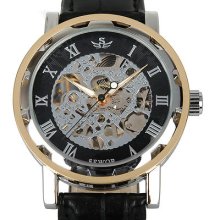 Bn Black Dial Silver Steel Skeleton Leather Strap Hand-wing Mechanical Men Watch