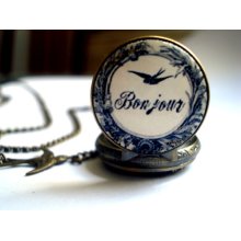 Bonjour- vintage style enameled bronze pocket watch necklace with little swallows