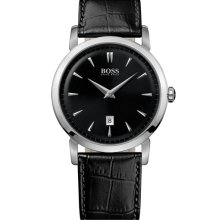 BOSS Black Round Leather Strap Watch Black/ Black