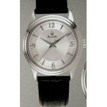 Bulova Classic Collection Ladies` Silver Dial Watch W/ Black Leather Strap
