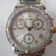 Bulova Japan Lady's Watch Chrono Diamond Stainless S Gold Two Tone Original