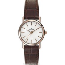 Bulova Ladies Rose Gold & Brown Leather Strap Watch - White