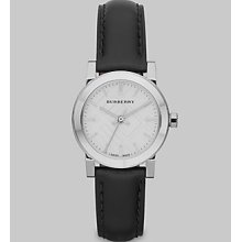 Burberry Ladies Black Leather Strap White Dial Watch Bu9206