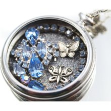 Butterfly Garden Pocket Watch Necklace Vintage Rhinestones Assemblage Pendant
