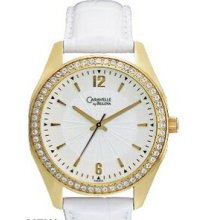 Caravelle Ladies` Gold-tone Swarovski Crystal Watch W/ White Leather Strap
