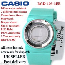 Casio Ladies Baby-g Stone Set Resin Rubber Strap Digital Dual Time Green Watch