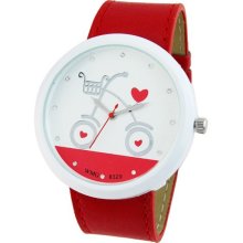 Casual Big Round Dial Stainless Steel Leather Band Women's Wrist Watch (Red) - Red - Leather