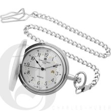 Charles Hubert Classic White Dial Silver Tone Engine Turned Pocket Watch with Gold Engraving Shield 3702