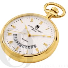 Charles Hubert Classic White Dial Open Face Gold Tone Pocket Watch and Chain 3671