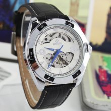 Charm White Silver Skeleton Dial Mens Selfwind Automatic Wrist Watch Gift