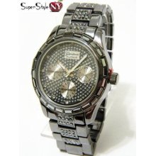 Chunky Men's Hip Hop Iced Out Geneva Hematite Gun Crystal Watch Fashion Style