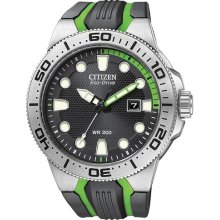 Citizen BN0090-01E Watch Scuba Fin Mens - Black Dial Green Band Stainless Steel Case Quartz