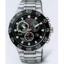 Citizen Eco Drive Men`s Silver/Black Rotating Bezel Chronograph Wr100 Watch