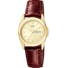 Citizen Quartz Womens Analog Stainless Watch - Red Leather Strap - Gold Dial - EQ0562-03P