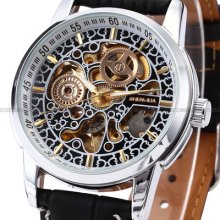 Classic Mens Skeleton Automatic Mechanical Dial Black Leather Wrist Watch Usts