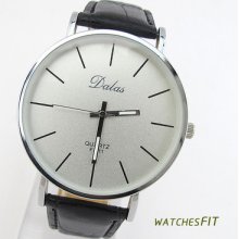 Classic Round White Dial Black Pu Leather Band Quartz Wrist Watch For Mens