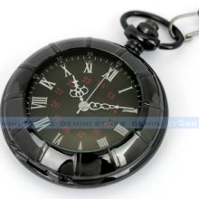 Classic Simple Black Metal Case White Hand Roman Numerals Men's Pocket Watch