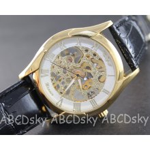 Classic Steampunk Luxury Stainless Steel Skeleton Hand-Wind Up Mechanical Watch ,Golden Plated with Black Leather Wristband