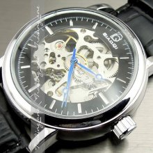 Clock Hours Dial Silver Mechanical Automatic Leather Black Wrist Watch Ah141