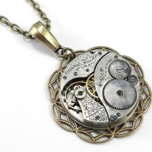 Clockwork Steampunk Necklace - Vintage Pocket Watch Movement Pendant Brass Silver Steampunk Pendant
