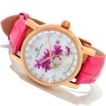 Constantin Weisz Women's Automatic GMT Floral Dial Crystal Accented Strap Watch PINK / ROSETONE