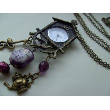 Cuckoo Clock, Vintage style, bronze, owl, purple, key, music note, whimsical, pocket watch,by NewellsJewels on etsy
