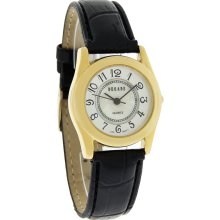 Decade Quartz Ladies Gold Tone Easy REad MOP Black Leather Strap Watch 29703