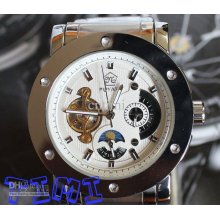 Deluxe Silver Mens Skeleton Mechanical Moonphase Watch Heavy Stainle