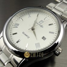 Dial Water Quartz Hours Date Silver Hand White Men Steel Wrist Watch Wt144
