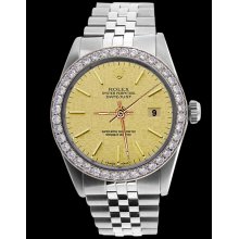 Diamond bezel date just men rolex watch champagne stick dial SS jubilee