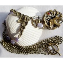 Dove pocket watch pendant with lavender fresh water pearls and Swavorski crystal on bronze chain