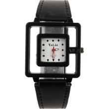 Dual Square Shaped Dial Black Soft Leather Band Wrist Watch (White Dial) - Black - Stainless Steel
