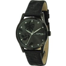Ed Hardy Bliss Womens Black Rose Leather Watch Bs-bk