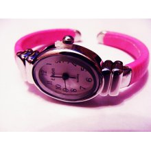 Eikon Oval Face Hot Pink Simulated Snakeskin Leather Narrow Band Cuff Watch